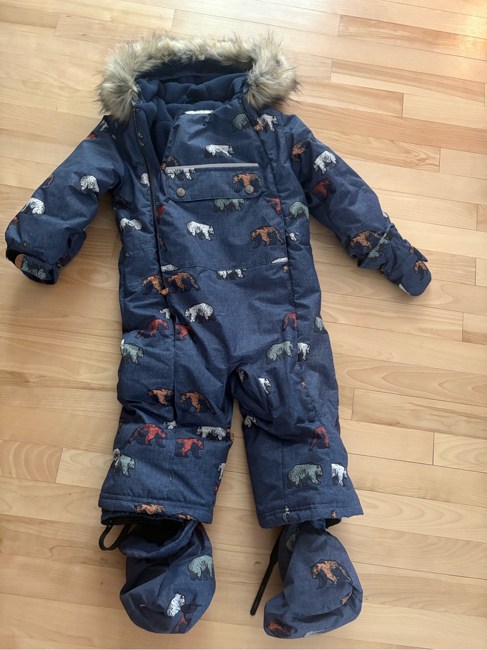 Deux par Deux like new Navy Bear-Print Snowsuit with Faux-Fur Hood